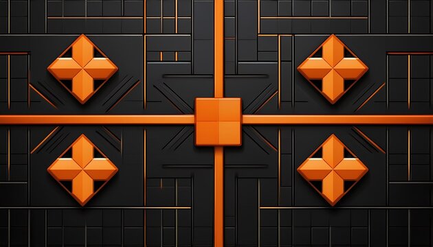 3d black square pattern with orange plus signs on a dark background orange accents on black geometric squares in a repeating pattern