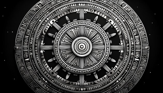 an intricate black and white representation of an ancient aztec calendar design