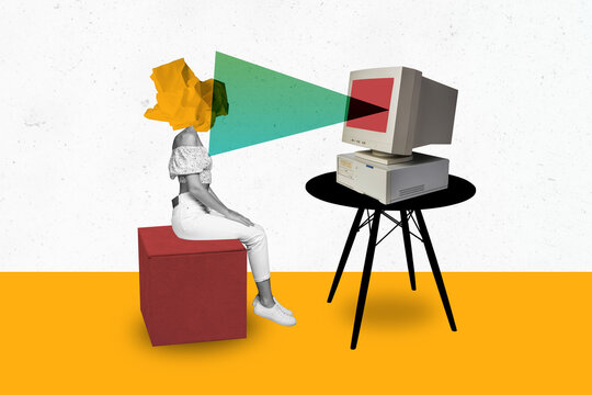 Sketch pop image banner collage of anonym girl sit pc monitor ray addition zombie brainwash fake news instead head crumpled paper