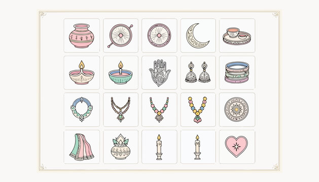 Traditional Turkish Culture Hand Drawn Doodle Icon Collection with Ottoman Jewelry, Hamsa Hand, Crescent Moon, Ceramics, Coffee, Crowns and Decorative Ornaments

