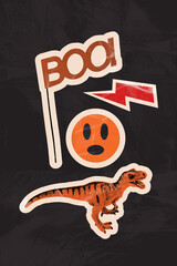 Trend artwork composite banner 3D photo collage of midnight party halloween decorations scary silhouette dinosaur toy boo emoji face flash © deagreez