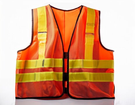 bright orange high visibility safety vest with reflective strips isolated on white background