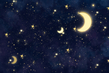 Naklejka premium Dark night sky background featuring glowing golden crescent moons and sparkling star bursts ideal for bedtime stories banners children book illustrations and magical designs