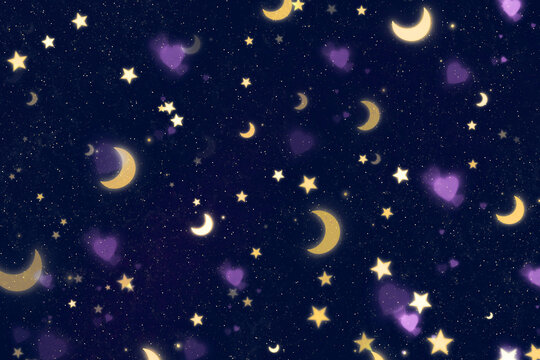 Dark night sky background featuring golden crescent moons shining stars and magical purple hearts ideal for bedtime stories banners children book illustrations and dream designs