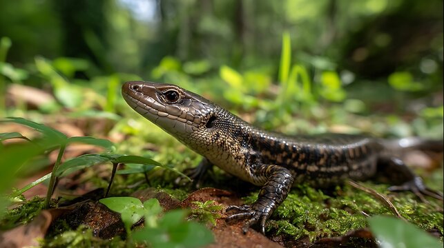 Close-up of a skink lizard on mossy ground in a forest showcasing its scales and natural habitat perfect for wildlife and nature themes