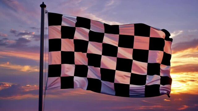 Checkered flag waving on a pole against a vibrant sunset sky