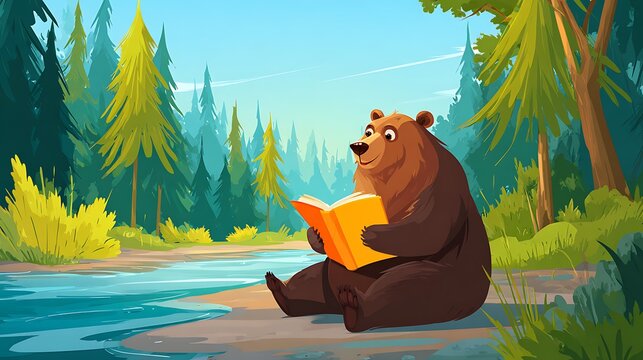 Friendly bear reading a book by a river in a forest illustration of nature and education perfect for childrens books and storytelling