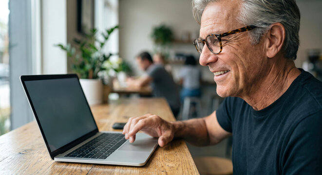 Smiling senior man using a laptop at home, illustrating digital technology, internet use, communication, lifelong learning, independence and an active modern lifestyle.
