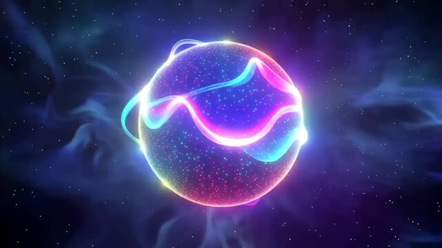 Glowing dotted orb rotating in deep space with colorful nebulae background