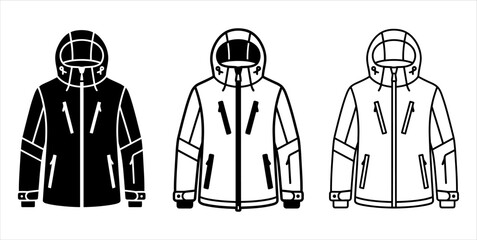 Winter jacket vector icon set featuring hooded parka designs in solid black and outline styles winter clothing sport jacket ski jacket fashion design © Shanto_SA