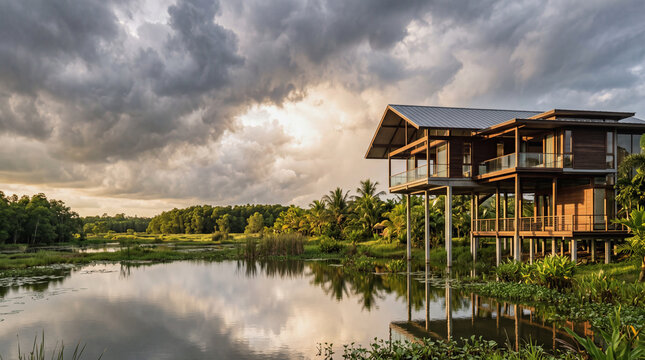 Stilt house in tropical wetland landscape under dramatic stormy sky, modern architecture photography