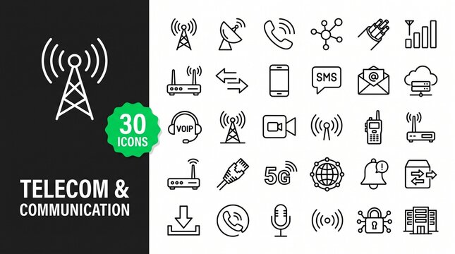 Telecom and Communication Icon Set with Network Signal, Mobile Connectivity, and Wireless Technology Symbols