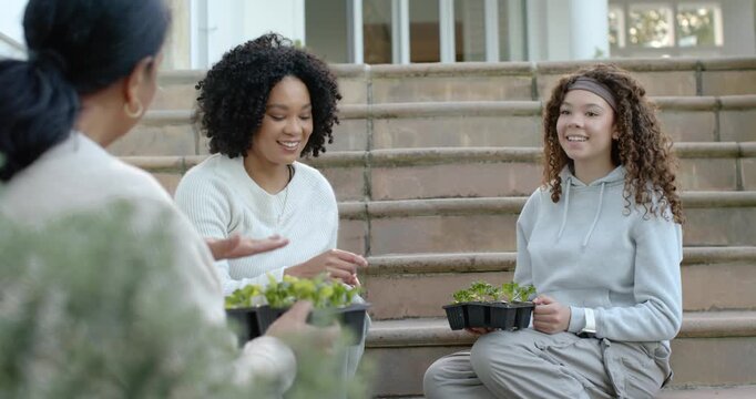 African American female family sitting on steps, Senior passing tray, Adult planting with trowel