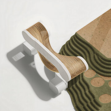 Abstract white and gold wire sculpture with curved lines placed next to a textured green and brown sand pattern on a white surface background