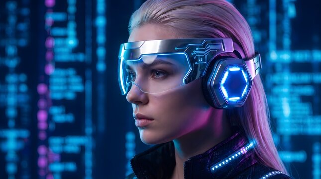 Blonde female cyborg wearing futuristic glowing neon visor headset captures data analysis while displaying sleek metallic textures and sharp facial features