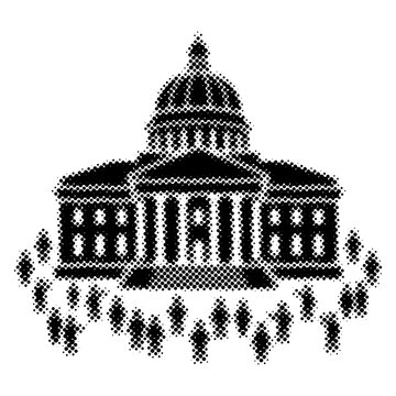 Halftone Democratic Parliament Building Silhouette on White Background. Retro Pop Art Capitol Government Building Illustration on White Background.