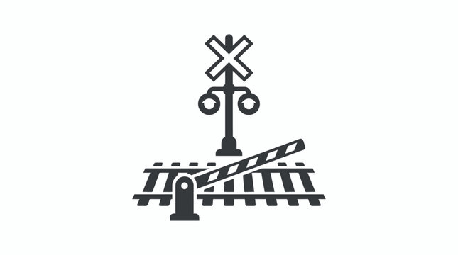 Flat Vector Icon Depicting a Railroad Crossing Signal with a Lowered Safety Gate and Train Tracks for Traffic Warning and Transportation Infrastructure Safety Signage