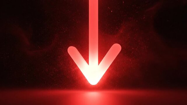 Vibrant red neon arrow pointing down through dark smoke and particles