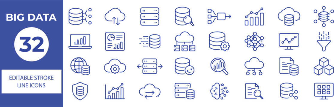32 Big Data Vector Outline Icons Set,Database, Cloud Computing, Analytics, Data Storage and Technology Line Symbols Collection