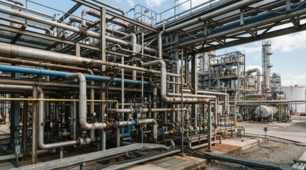 Fototapeta premium Industrial refinery plant with complex metal piping and infrastructure