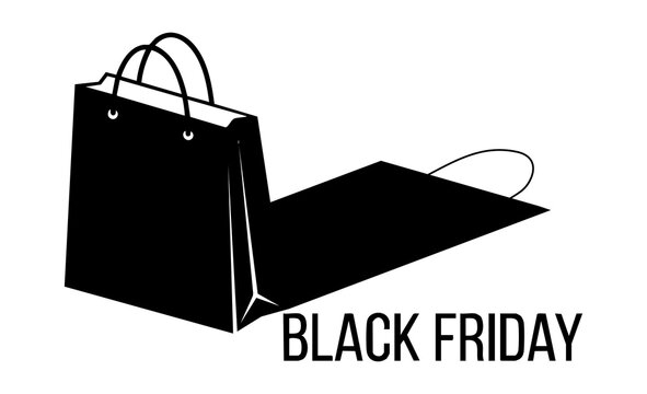 Black Friday shopping bag icon. Minimalist black sales symbol with text. Discount offer vector logo for retail marketing campaigns. Purchase tote illustration for promotional banners and store