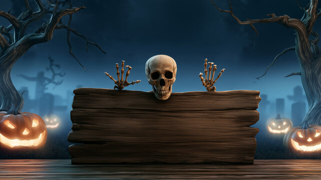 Front view of a human skeleton peeking over a large blank wooden sign in a foggy Halloween graveyard, bony hands gripping the upper edge while glowing jack-o-lanterns and twisted t