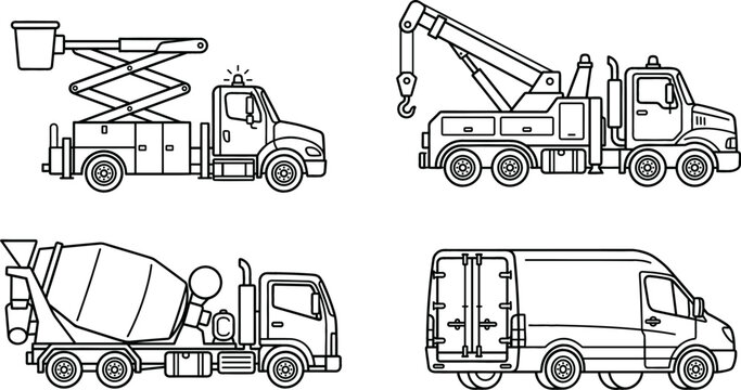Construction and Delivery Truck Line Icon Set Featuring Concrete Mixer, Crane Tow Truck, Scissor Lift Cherry Picker, and Cargo Van Outline Vector Designs