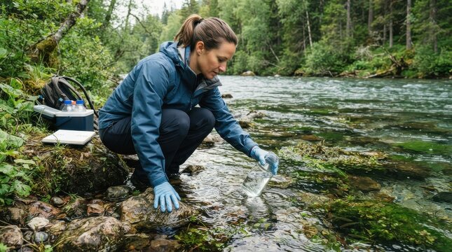 Female scientist collecting water sample from river in forest