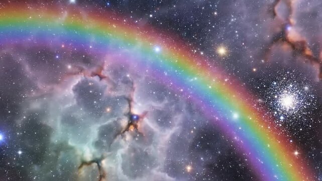 Vibrant rainbow arching across cosmic starry nebula