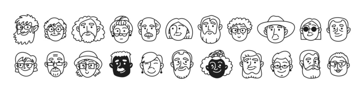 Doodle set of elderly faces and heads. Seniors. Sketches of male and female faces, expressions, and emotions. Diverse people, isolated line art