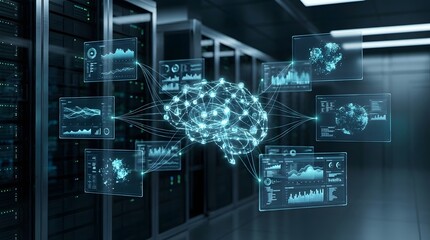 Fototapeta premium Advanced artificial intelligence brain model connected to data analytics in server room