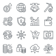 Fototapeta premium Cryptocurrency mining and digital finance line icons.