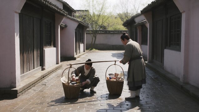 Ming Dynasty Street Peddler Arranging a Shoulder Pole