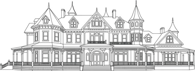 Fototapeta premium Detailed black and white line of a large victorian mansion house with multiple turrets, a wrap-around porch, and gables