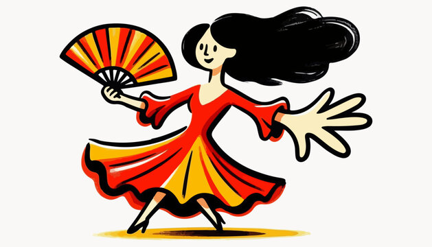Traditional Spanish Flamenco Dancer Hand Drawn Doodle Illustration with Red Flamenco Dress, Folding Fan, Dancing Woman and Dynamic Movement

