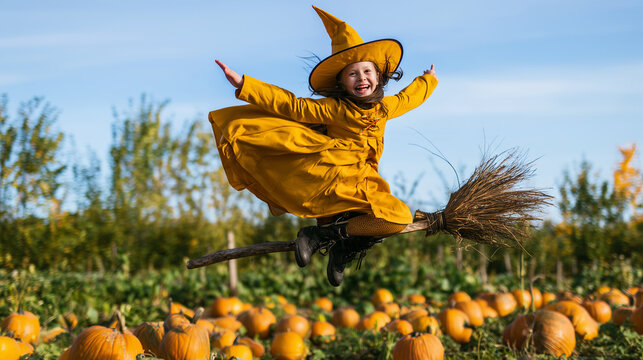 a joyful young girl dressed as a playful witch jumping high above a pumpkin patch while straddling a rustic broomstick, pointed hat and mustard costume mov
