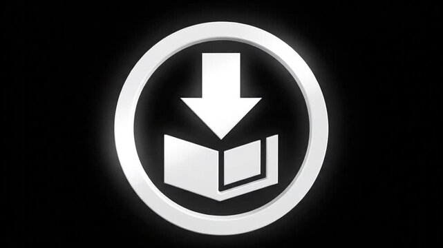 White 3D download book icon on black background with reflection