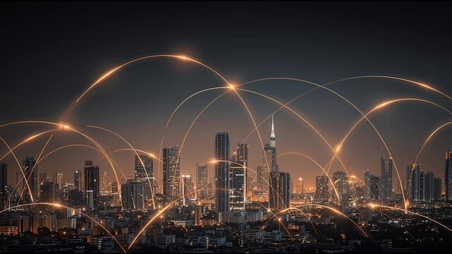Smart digital city with connection cyber security network reciprocity over the twilight cityscape.future wireless digital city and social media networking systems that connects people within the city	