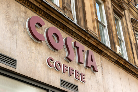 Costa Coffee Signage on Building Facade in Glasgow, Scotland, UK.