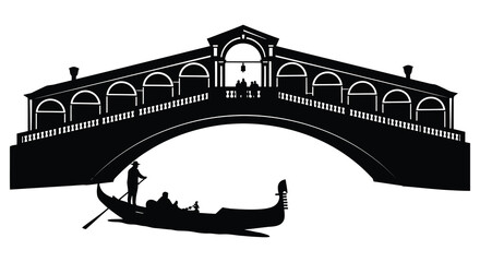 Venetian bridge and gondola are depicted in a black silhouette venice watercraft © MDAbujafor