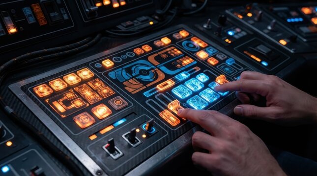Futuristic control panel with glowing buttons and hands operating spaceship console