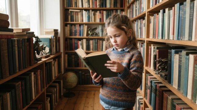 Young girl reading a book in a library surrounded by bookshelves