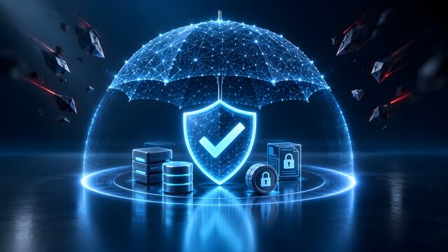 Digital security shield and glowing umbrella protecting server stacks from incoming cyber threats in a futuristic datacenter