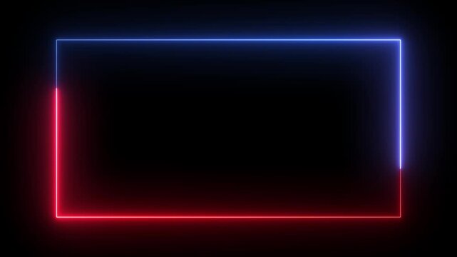 Red and blue neon glowing rectangular frame border with smooth light motion loop rectangle
