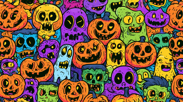 Dense colorful Halloween pattern packed with cartoon jack-o-lanterns, grinning skulls, ghosts, zombies and playful monsters in vivid orange, purple, green, yellow and blue, Hallowe