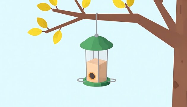 Hanging bird feeder in flat vector style, green and yellow colors, feeding wildlife in autumn with copy space