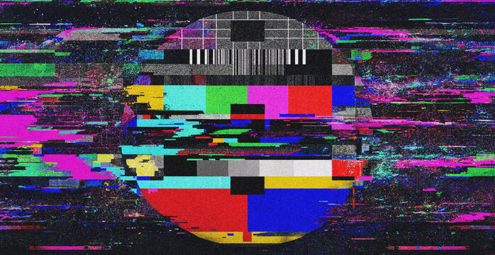 Digital television test pattern with heavy signal interference and colorful static glitch effects
