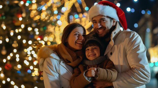 A family of three laughs in front of a christmas tree. The father is wearing a Santa hat, the child is wearing a winter hat and the mother has a scarf. Festive street lights.