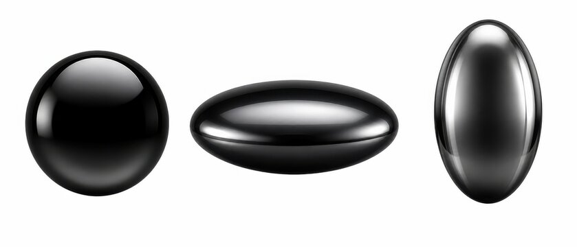 Collection of three glossy black metallic spheres with reflective surfaces