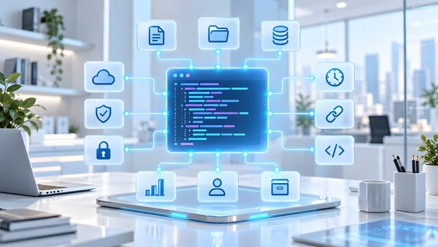 Futuristic digital code hologram with connected infrastructure icons floating over a modern office desk representing enterprise software integration